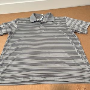 PGA tour Official Licensed Apparel. Grey polo with black and white thin stripes